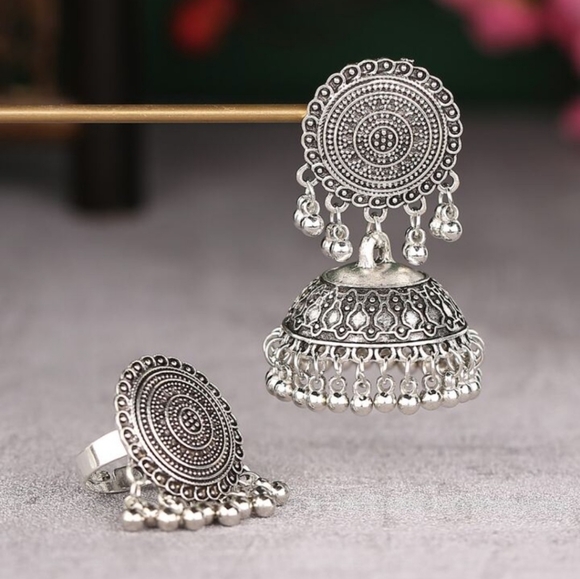 Antique silver tassle jhumka with ring set/ Indian pakistani jewelry/ jhumka set - Picture 5 of 5